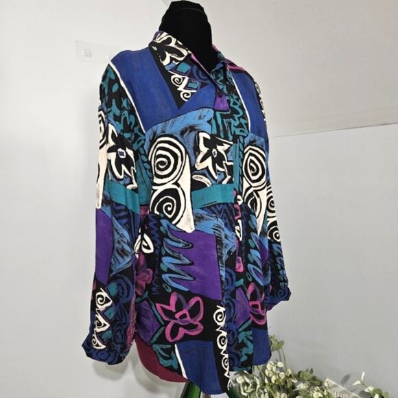 Vintage Jeri Marque Floral Button Front 80s Tunic Top Size 14 Wearable Art - Picture 2 of 11